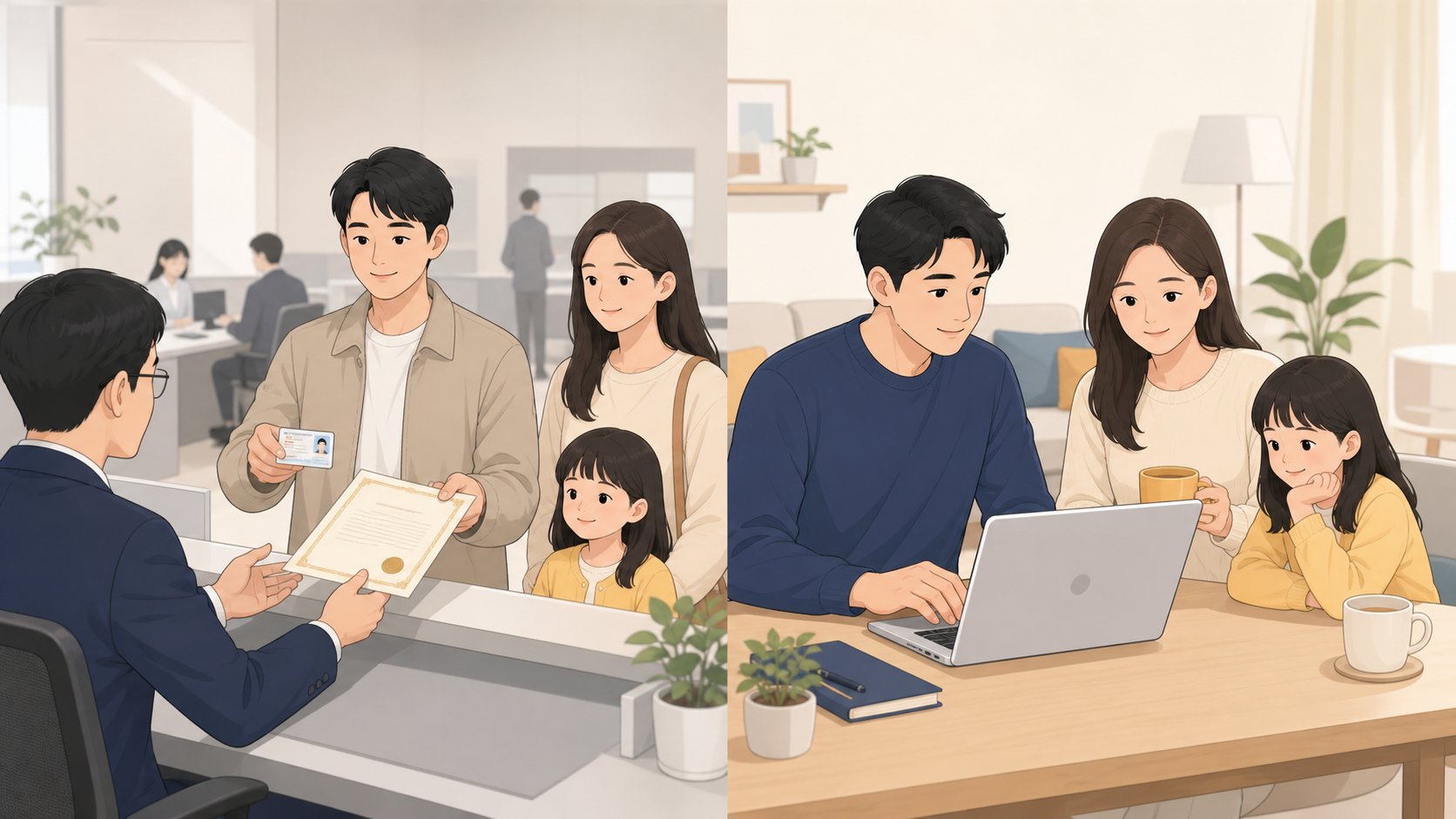 창구 신청과 온라인 신청 두 방법을 비교한 모습