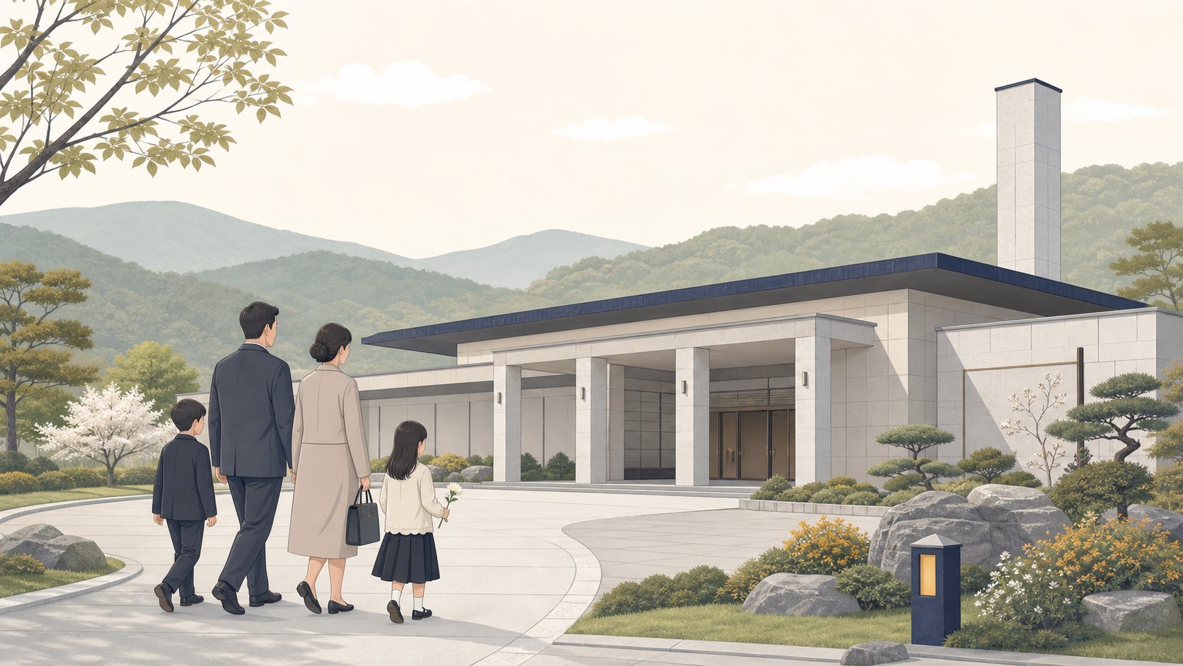 충청도 산자락을 배경으로 한 단정한 공설 화장장 외관과 차분히 다가가는 가족