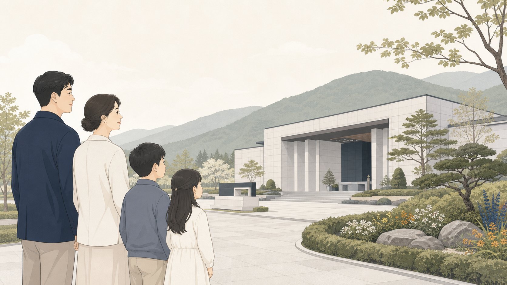 충청도 시골 풍경 속 단정한 공설 추모시설을 바라보는 가족