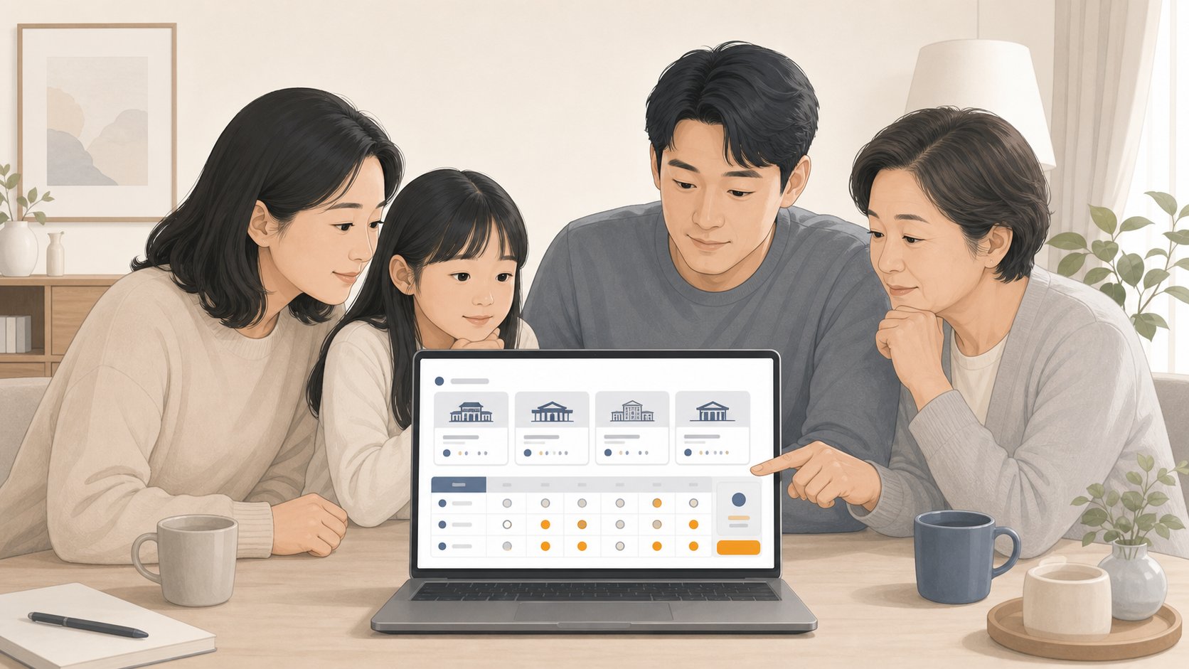 충청도 권역 여러 화장장의 예약 가능 시간을 노트북으로 비교하는 가족