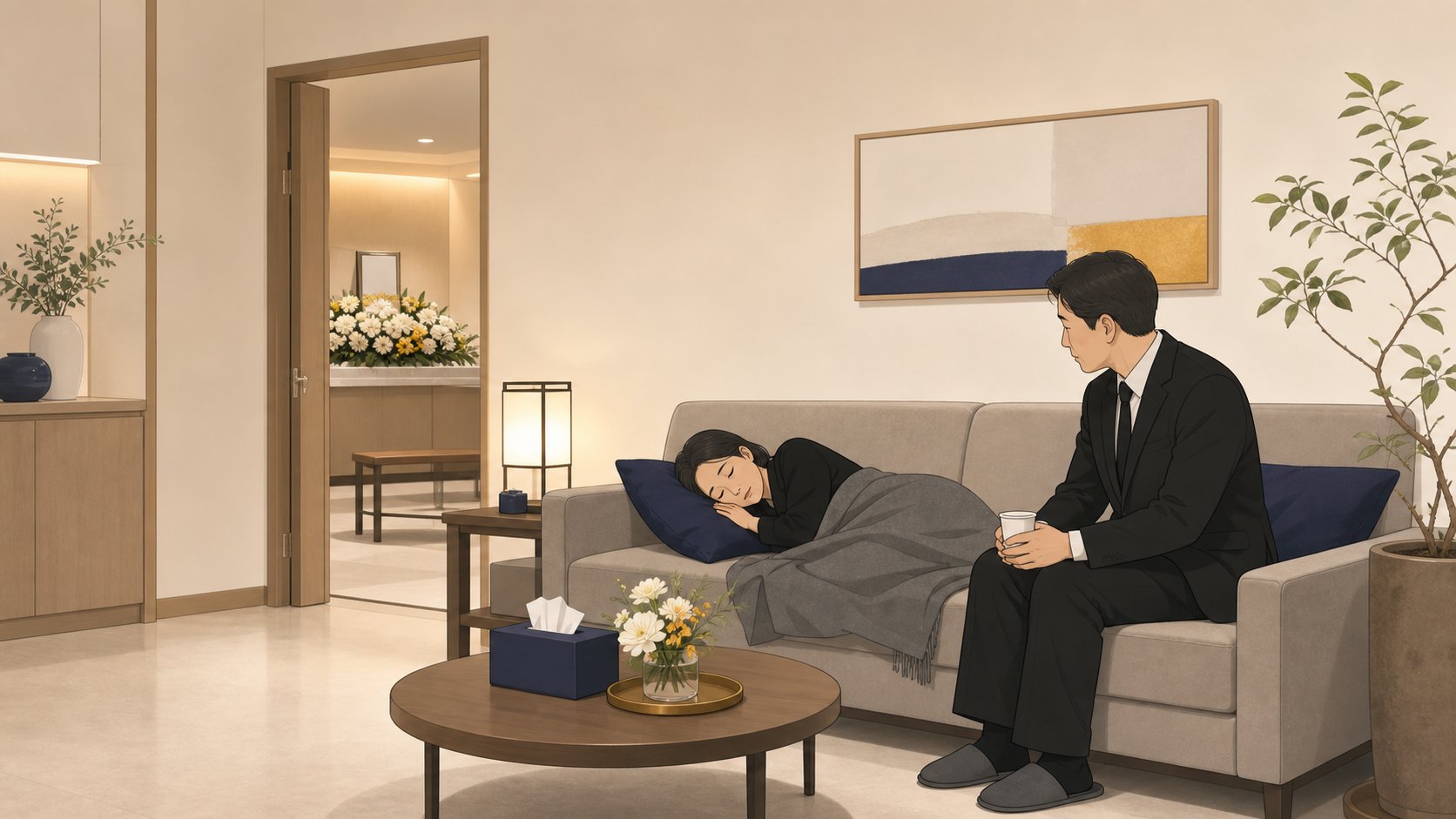 빈소 옆 가족 휴게 공간에서 교대로 잠시 쉬는 가족
