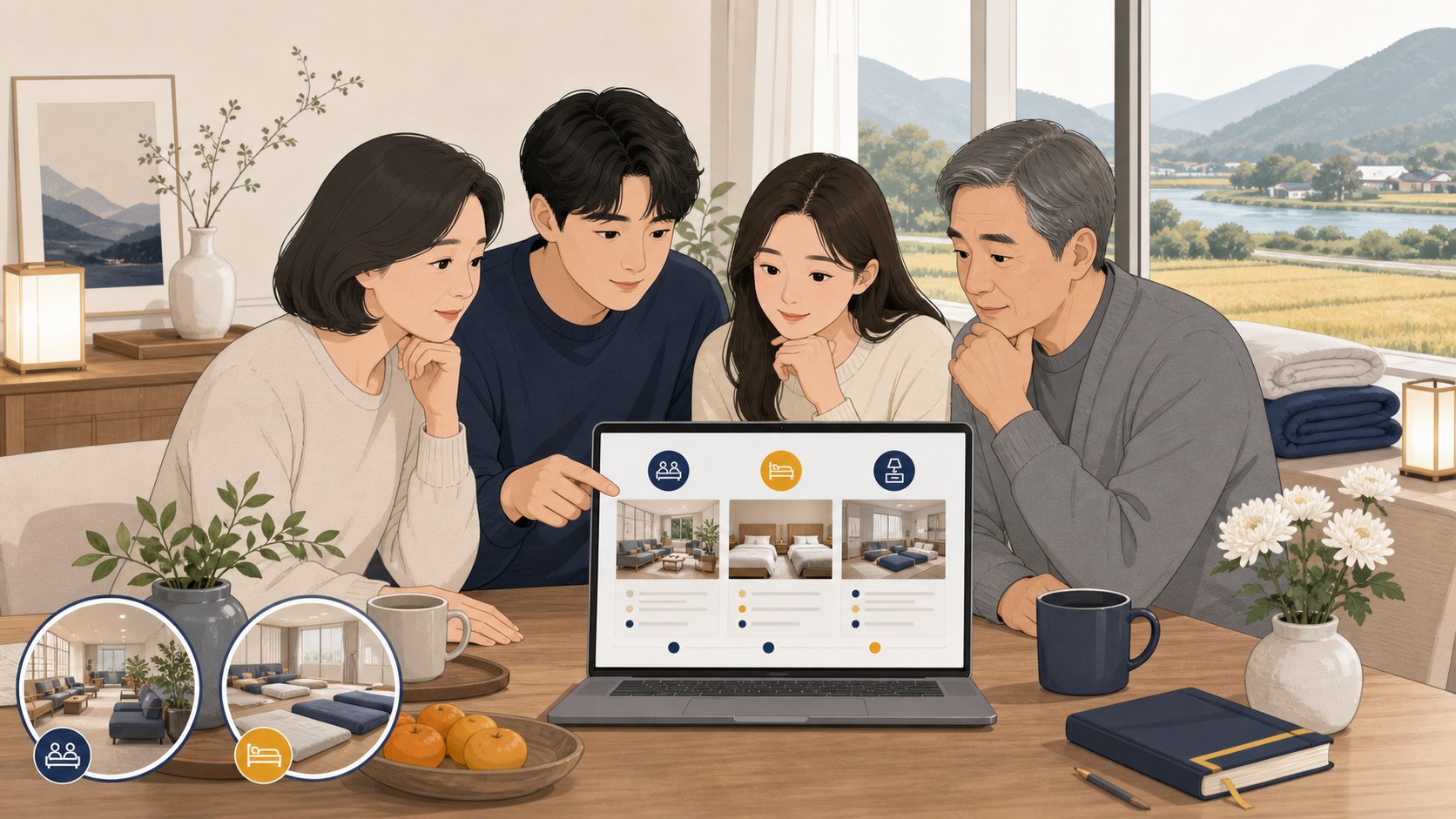 충청도 장례식장의 빈소와 가족 휴게 공간을 노트북으로 비교하는 가족