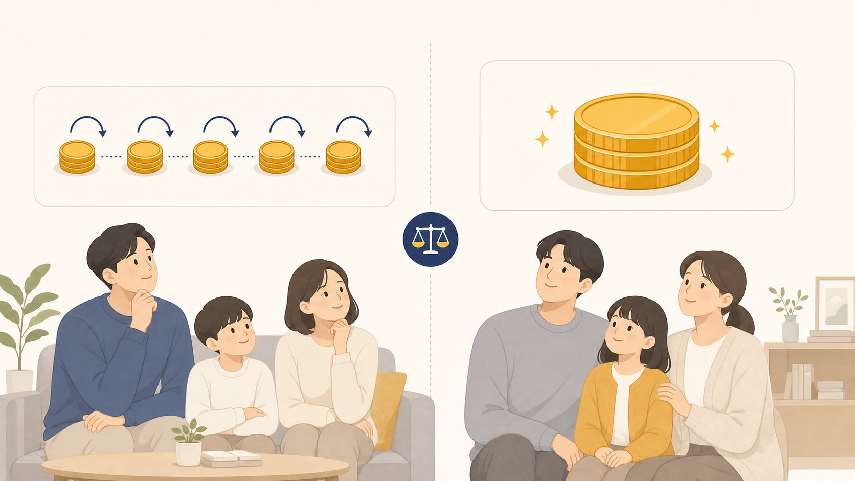 매달 받는 연금과 한 번에 받는 일시금을 비교한 그림