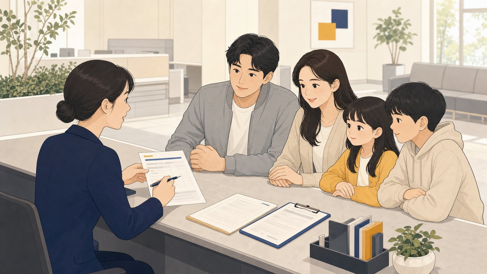 행정복지센터 창구에서 유족급여 신청을 상담받는 가족