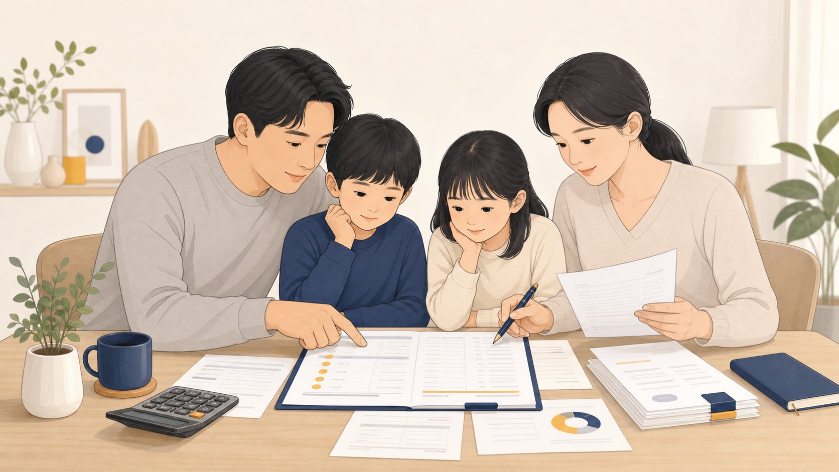 청구서를 항목별로 짚어가며 환불 내역을 확인하는 가족