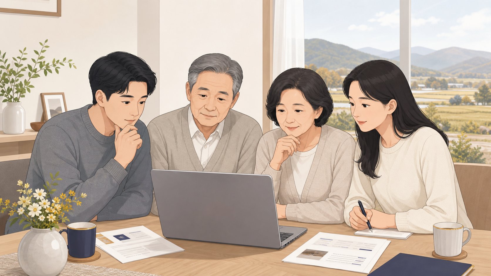 충청도 권역 여러 장례식장의 예약 조건을 노트북으로 비교하는 가족