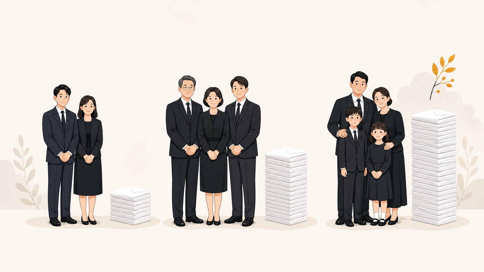 관계의 가까움에 따라 부의금 봉투가 높아지는 비교 일러스트