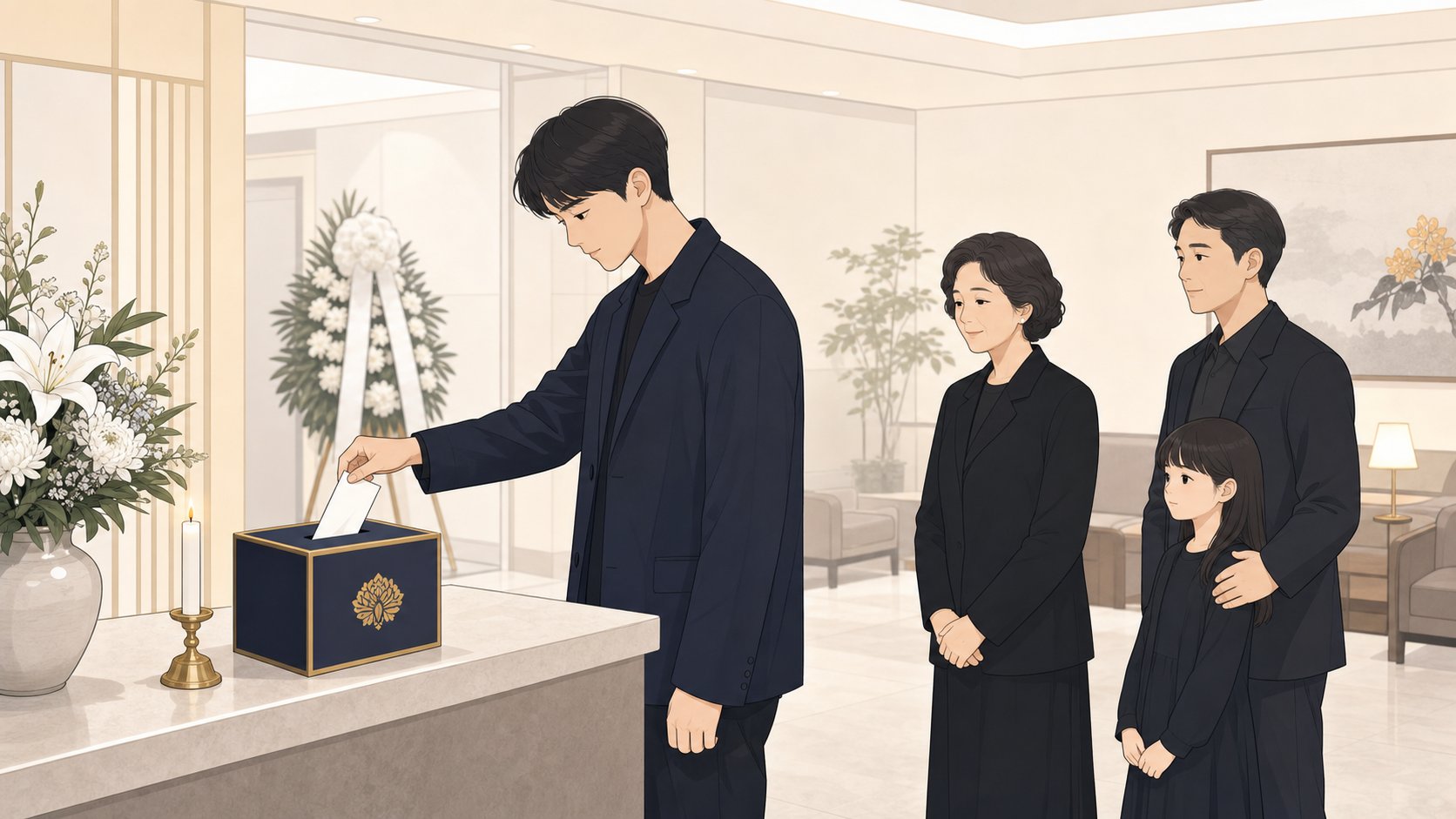 빈소 접수처 부의함에 봉투를 넣는 조문객
