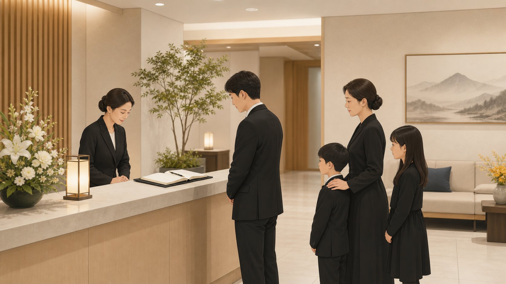 빈소 로비 방명록 앞에 선 단정한 차림의 조문객