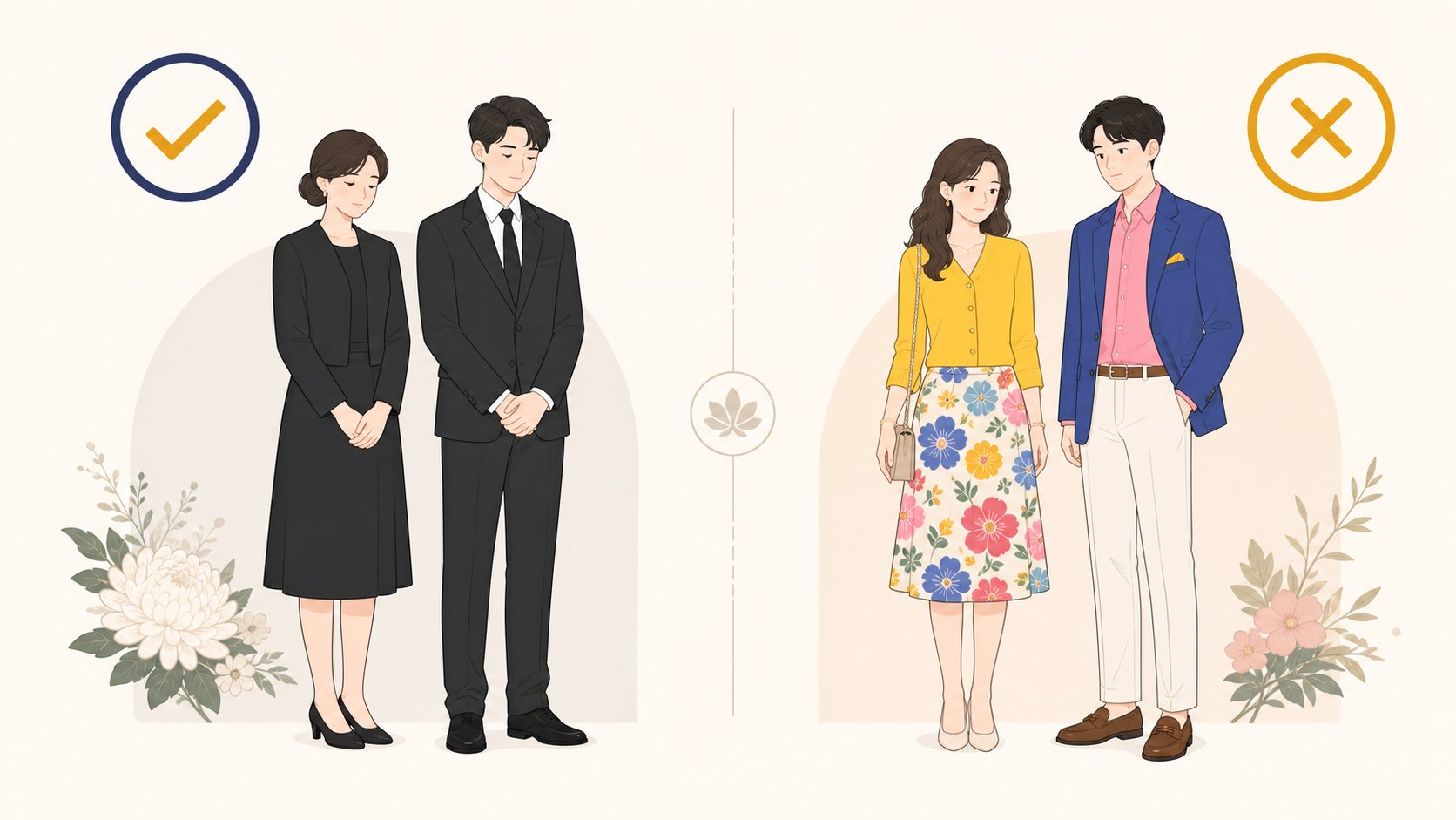 무난한 복장과 피해야 할 복장을 좌우로 비교한 일러스트