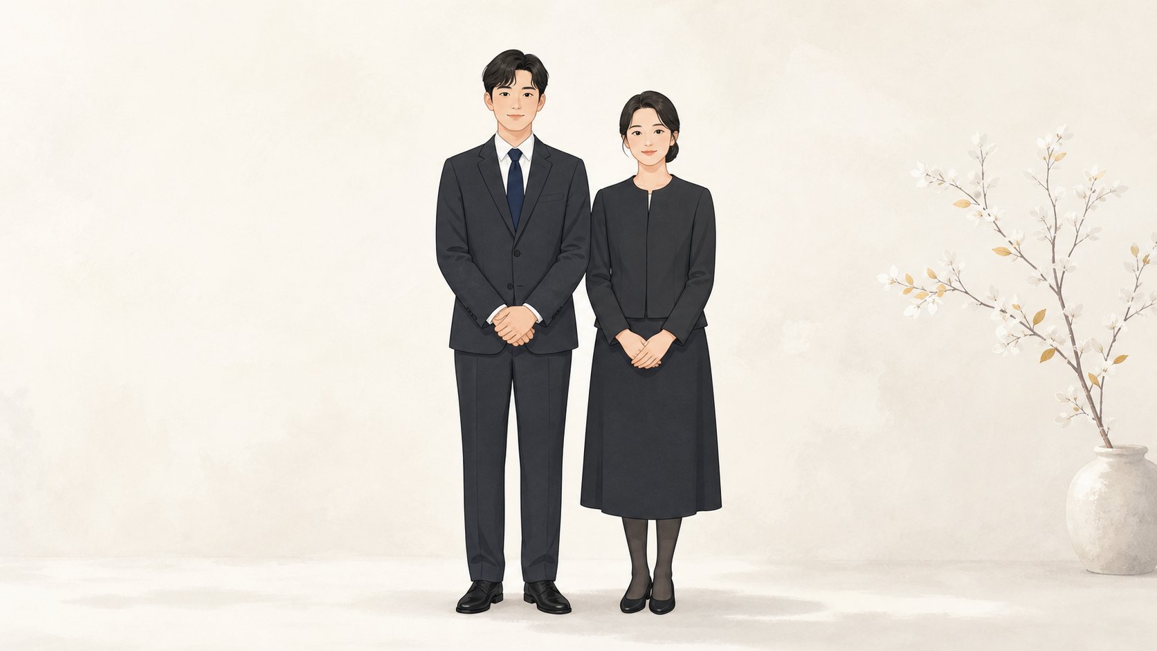 어두운 색 조문 복장을 갖춘 남성과 여성 전신 일러스트