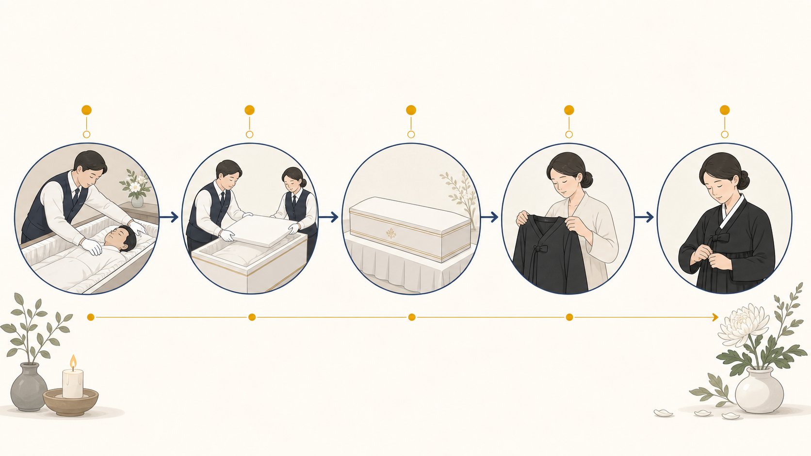 입관에서 성복으로 이어지는 장례 흐름 단계 일러스트