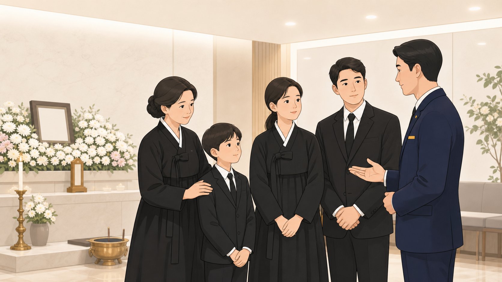 장례지도사의 안내를 받으며 상복을 갖춘 가족