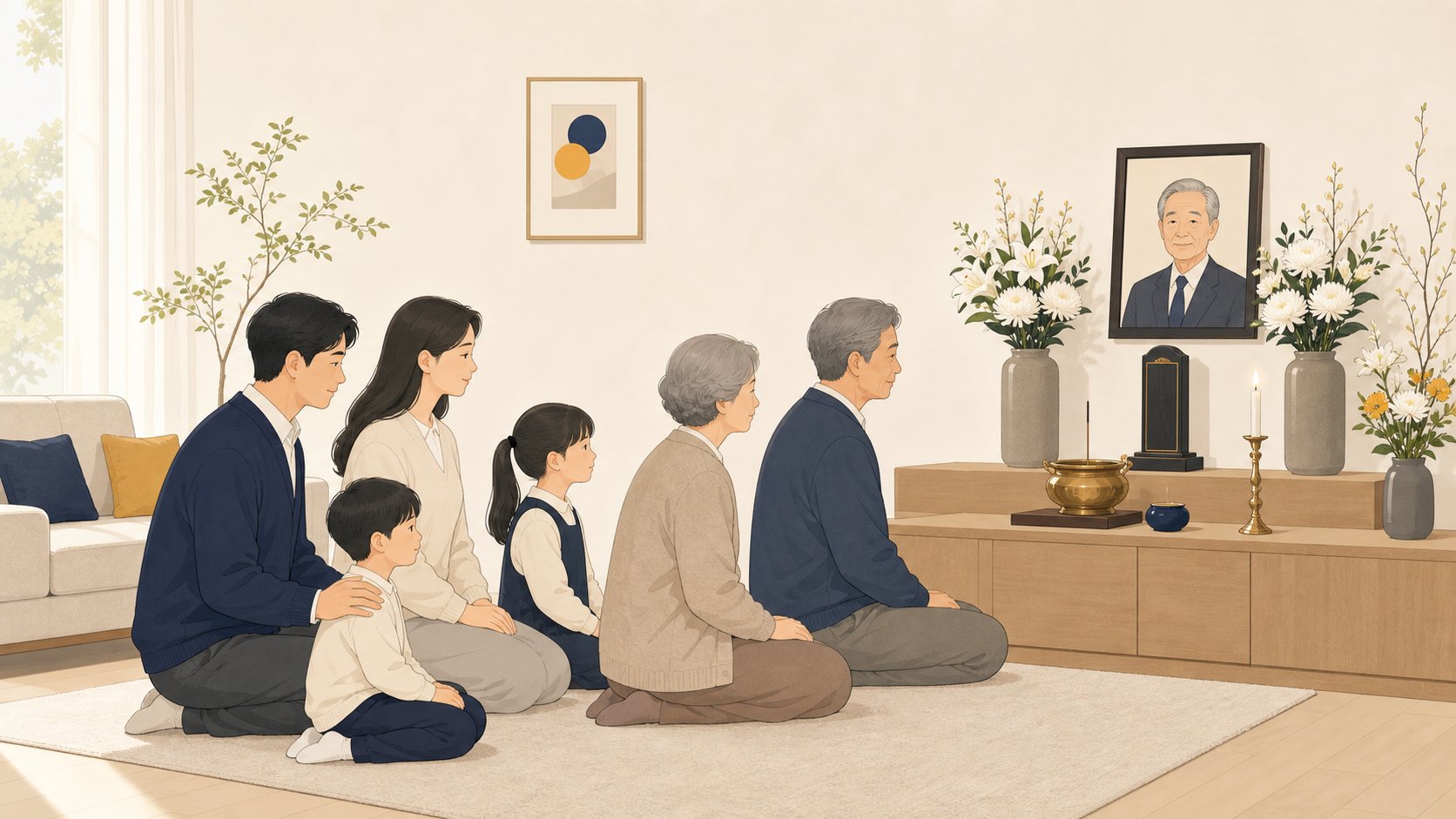 거실에서 고인의 위패 앞에 모인 가족