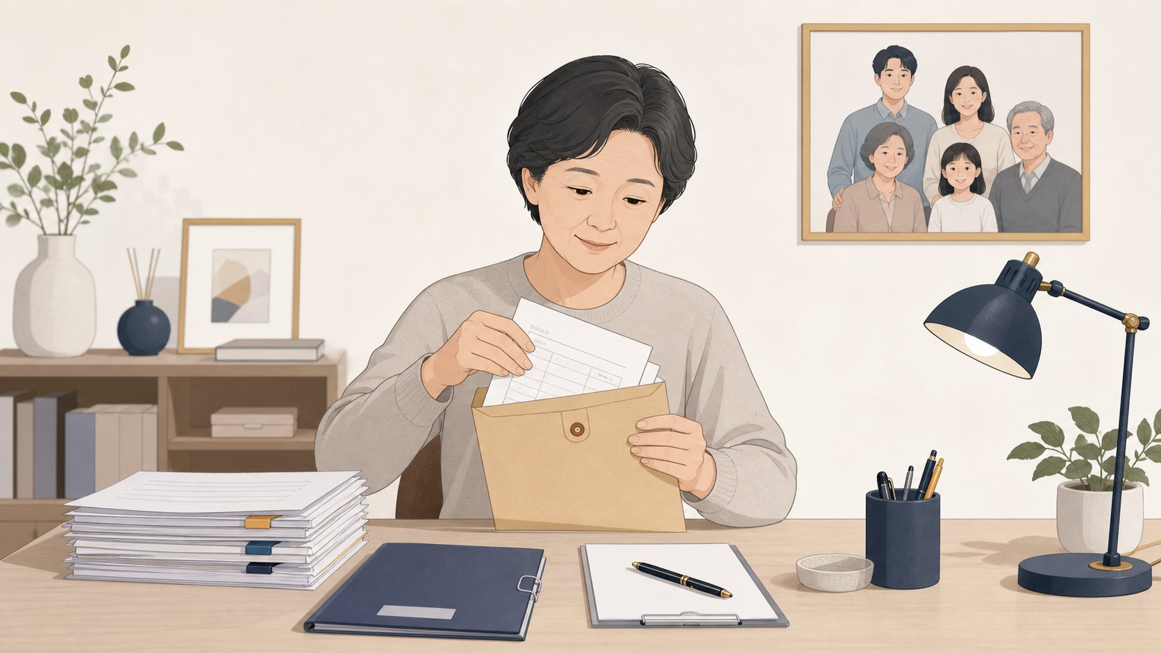 발급받은 서류를 봉투에 정리하며 상속 절차를 준비하는 인물