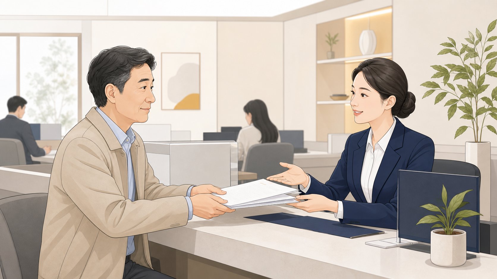 증권사 창구에서 상속 서류를 제출하는 중년 인물