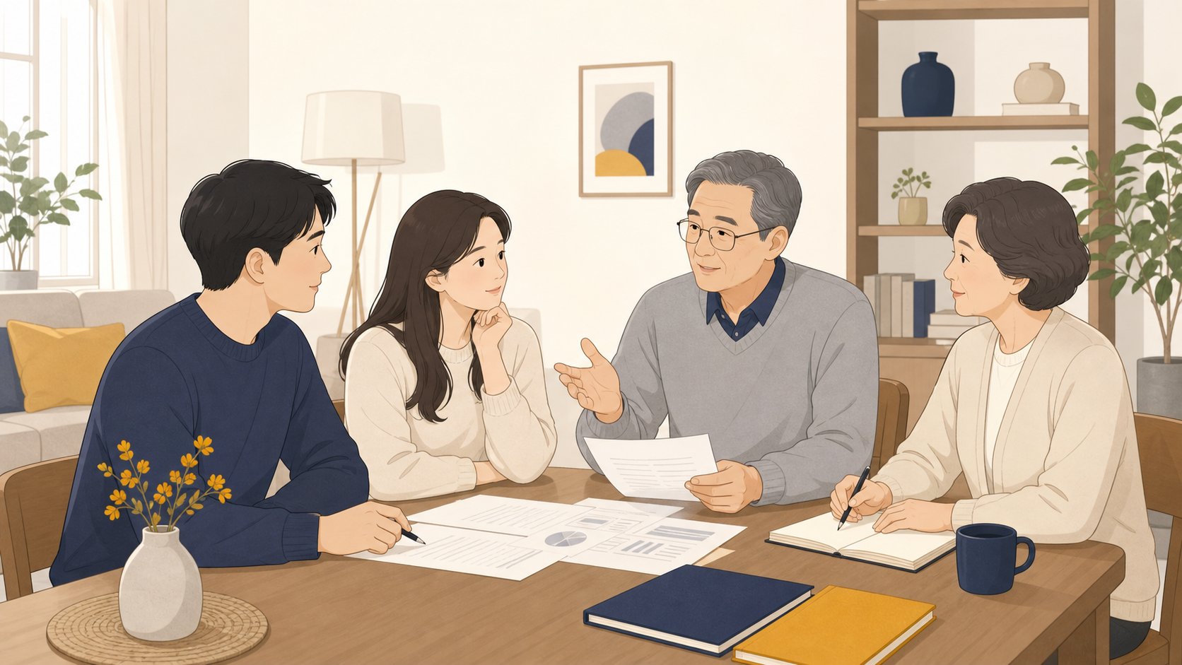 식탁에 둘러앉아 상속 재산 분할을 의논하는 가족