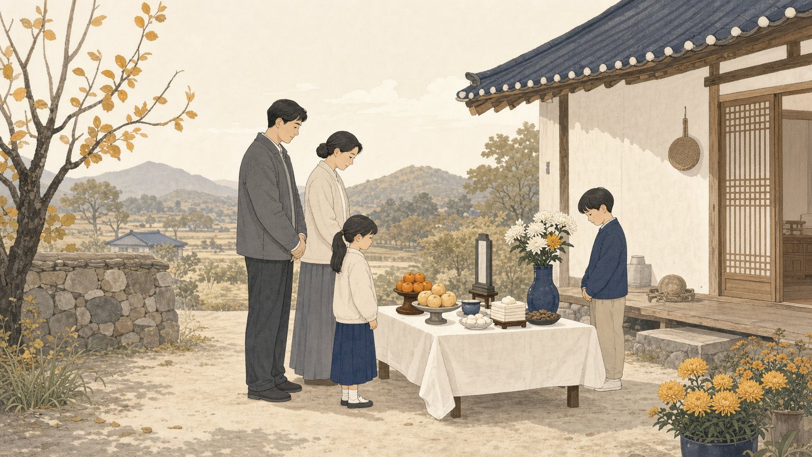 집 앞 마당에 제상을 차리고 둘러서서 예를 올리는 가족