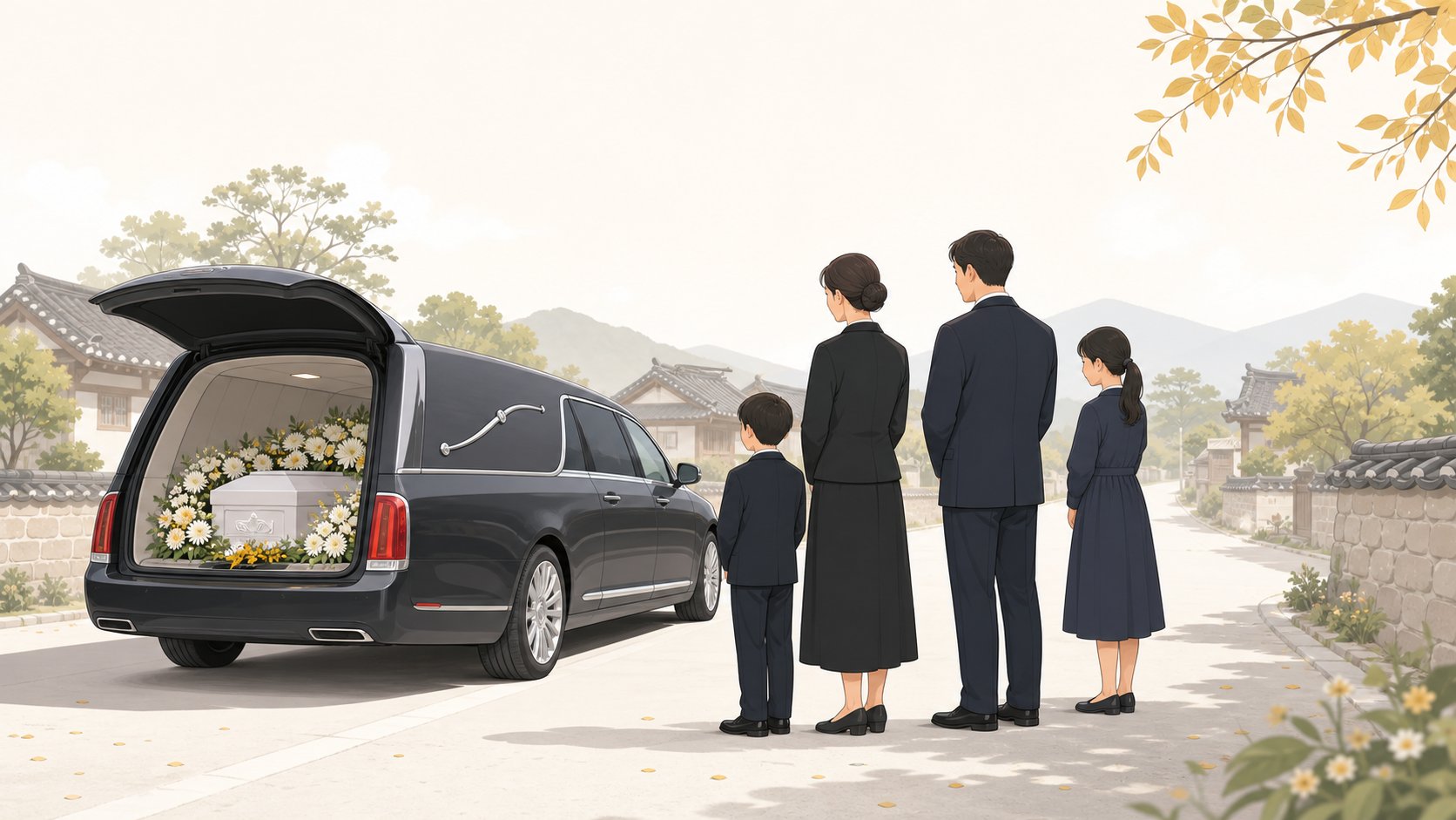 운구 차량 곁에서 가족이 고인을 배웅하는 장면