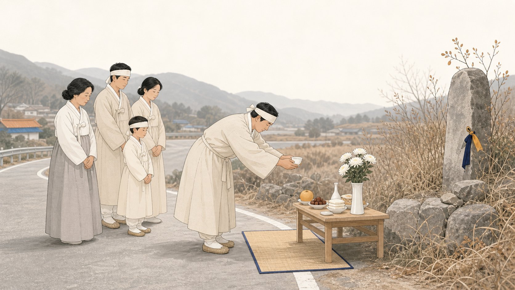 상주가 길가 제상 앞에서 술잔을 올리며 절하는 모습