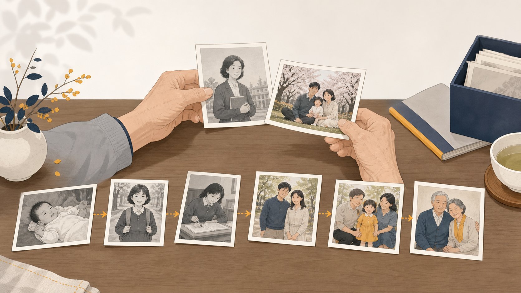 오래된 가족 사진을 책상에 펼쳐 놓고 시간 순으로 한 장씩 고르는 손길