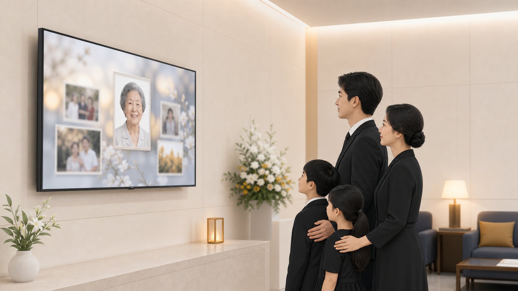 빈소 접객실 벽걸이 모니터에 추모영상이 잔잔히 흐르고 가족이 바라보는 장면