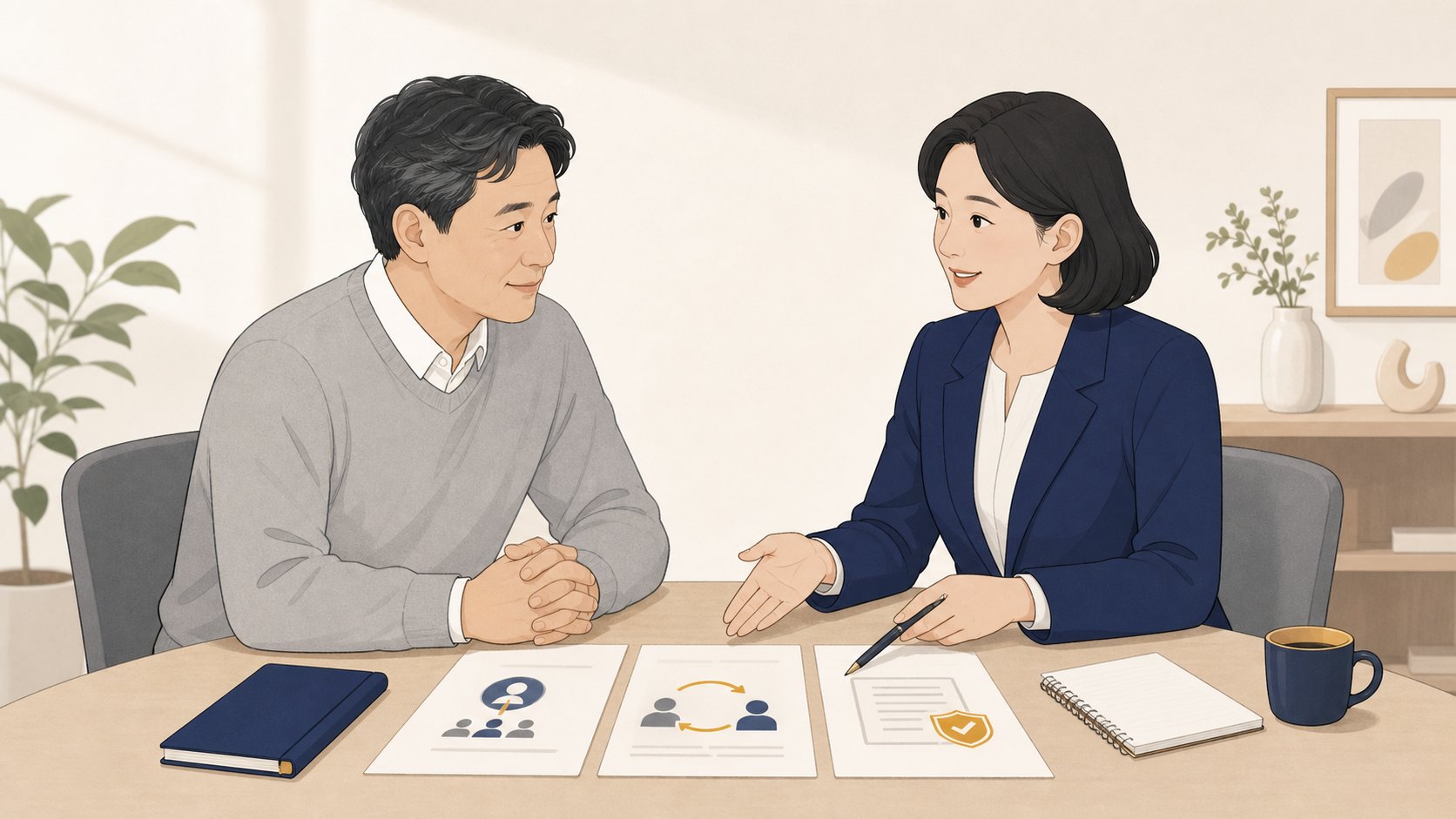 해지 대신 승계나 상품 변경 같은 대안을 상담사와 마주 앉아 상의하는 모습