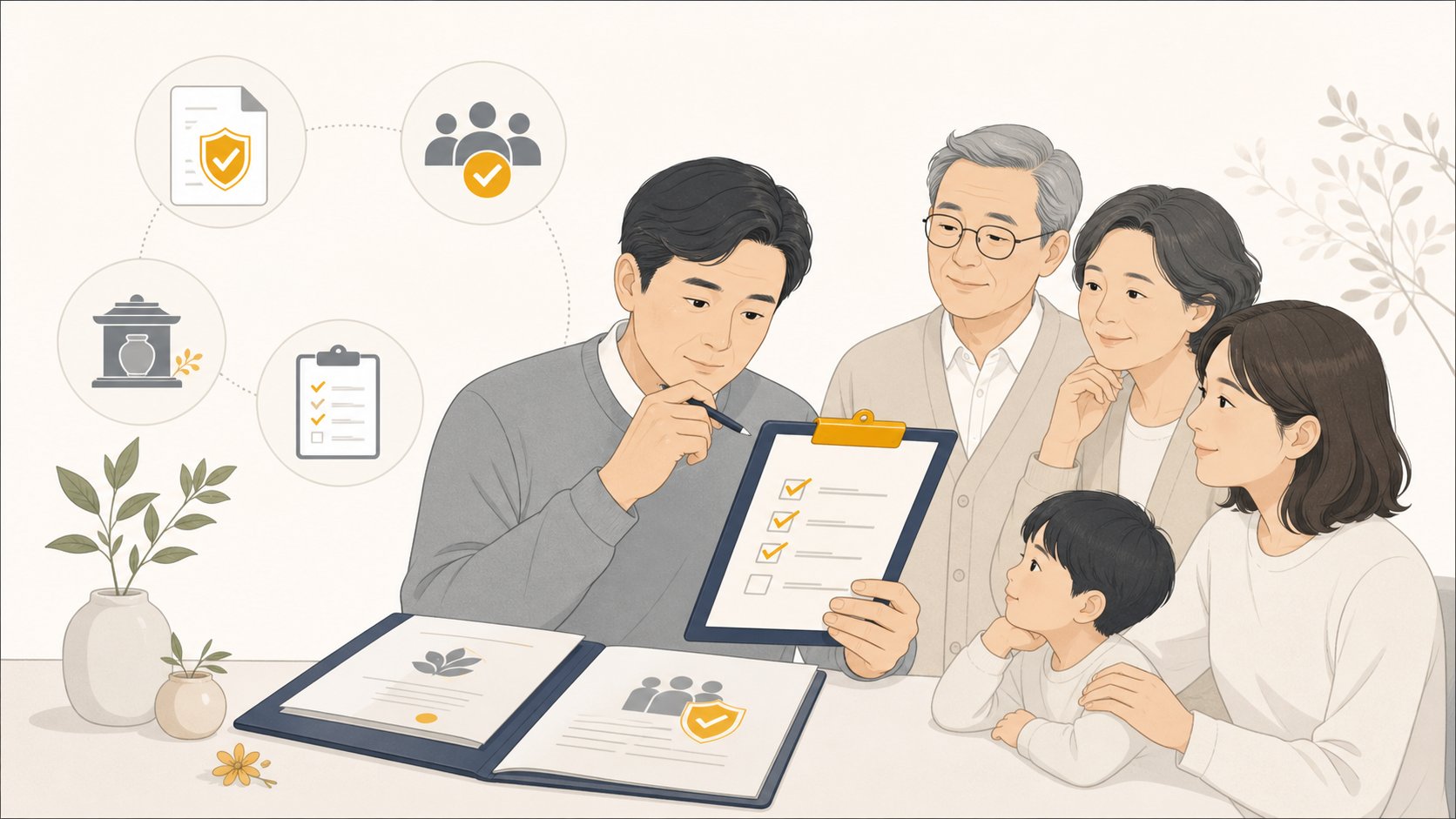 새 상조 상품의 조건을 체크리스트로 하나씩 확인하며 비교하는 모습