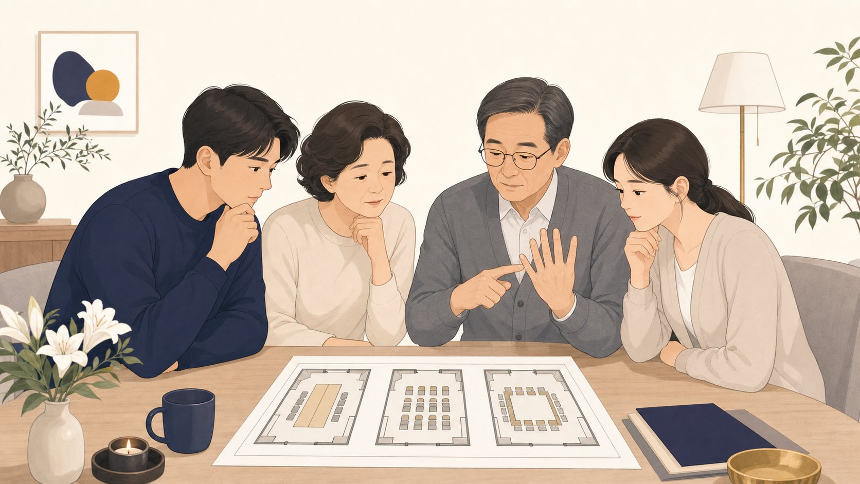 가족이 예상 조문객 규모를 헤아리며 빈소 등급을 고르는 모습