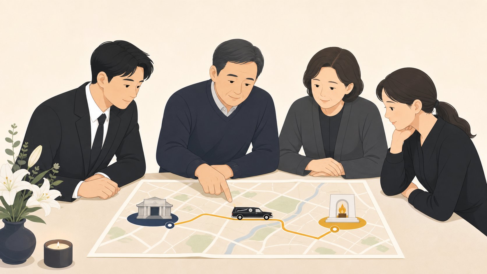 발인 당일 장례식장에서 화장장으로 이동하는 운구 동선을 지도로 점검하는 모습