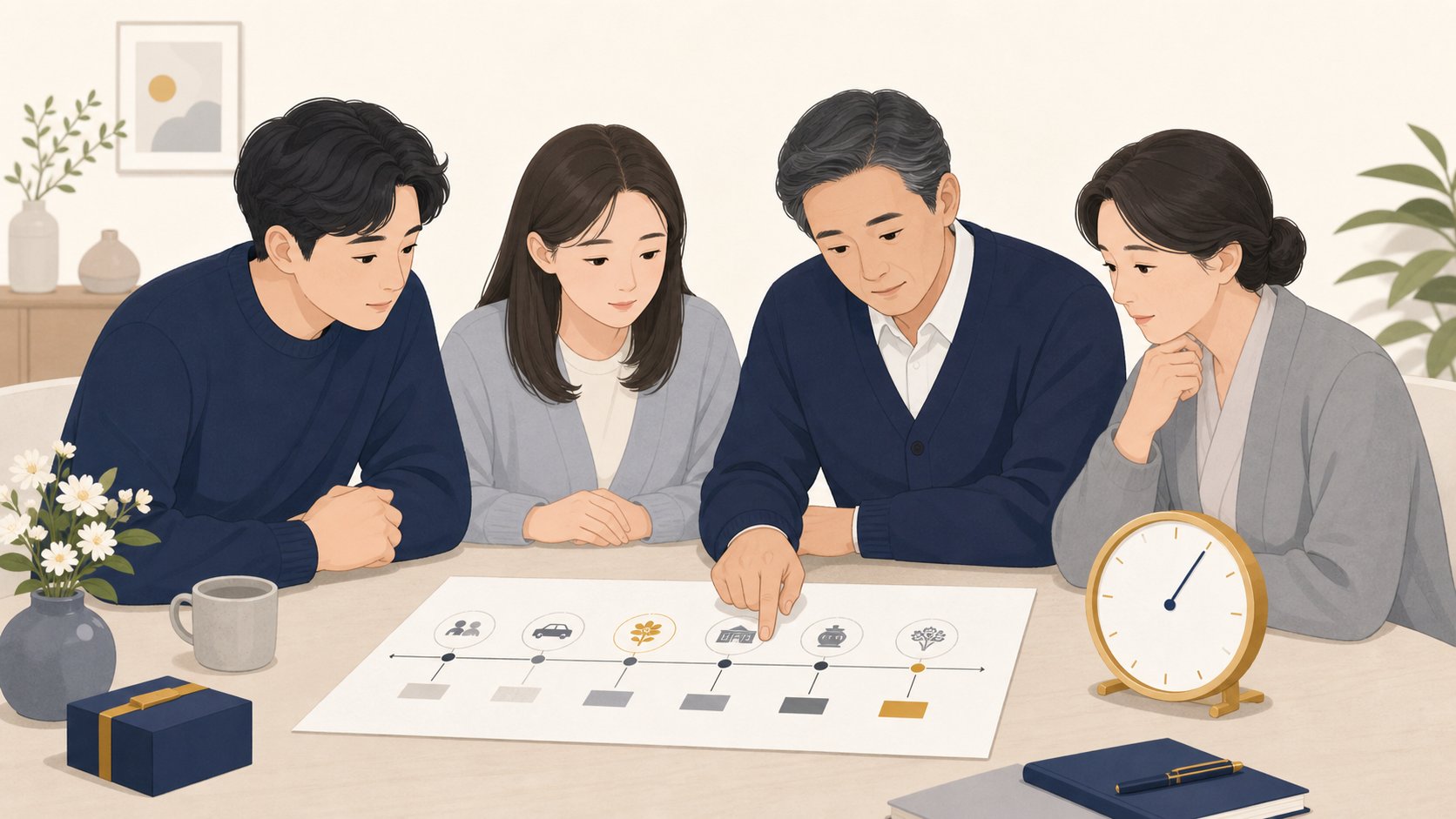 가족이 발인 당일 시간표를 보며 출발 시각과 일정을 점검하는 모습