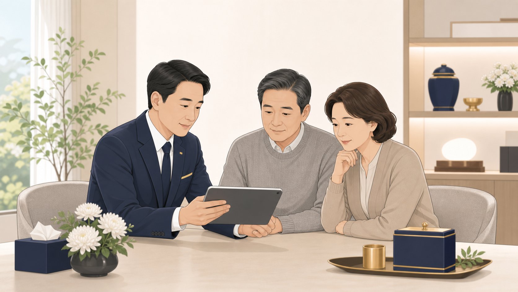 장례지도사와 가족이 태블릿 화면으로 충청도 화장장 예약 시간대를 함께 확인하는 모습