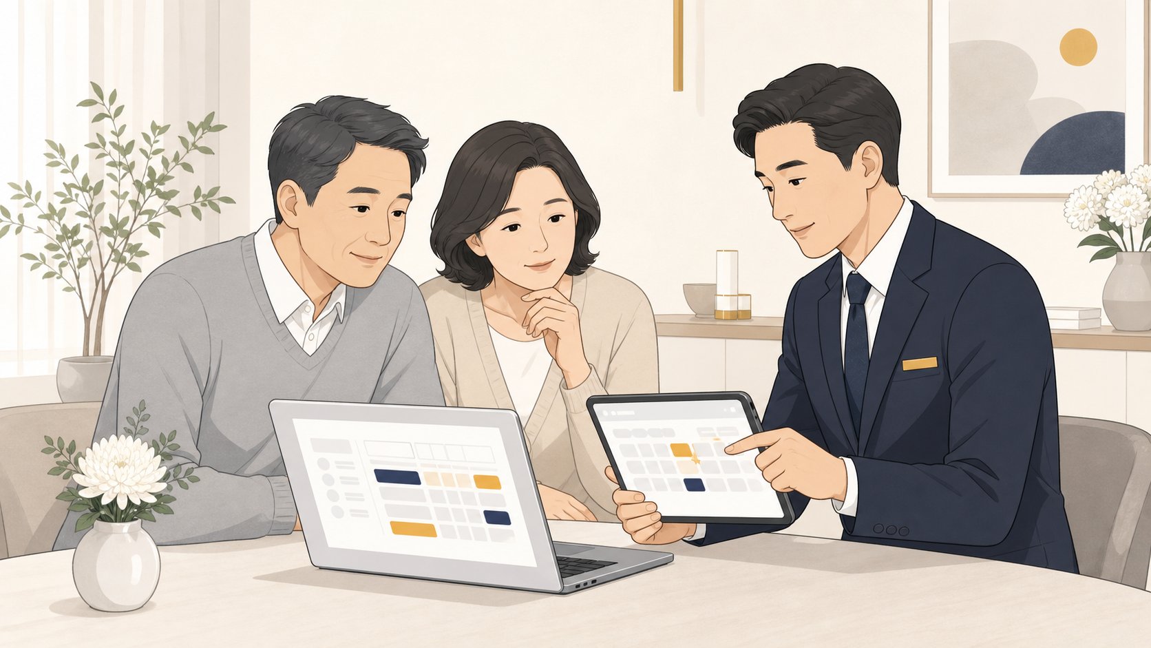 가족이 e하늘 화장 예약 화면을 보며 연휴 회차를 확인하는 모습