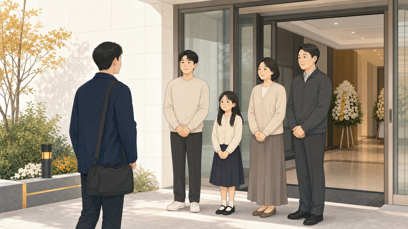 명절 연휴 장례식장 앞에서 멀리서 온 조문객을 가족이 차분히 맞이하는 모습