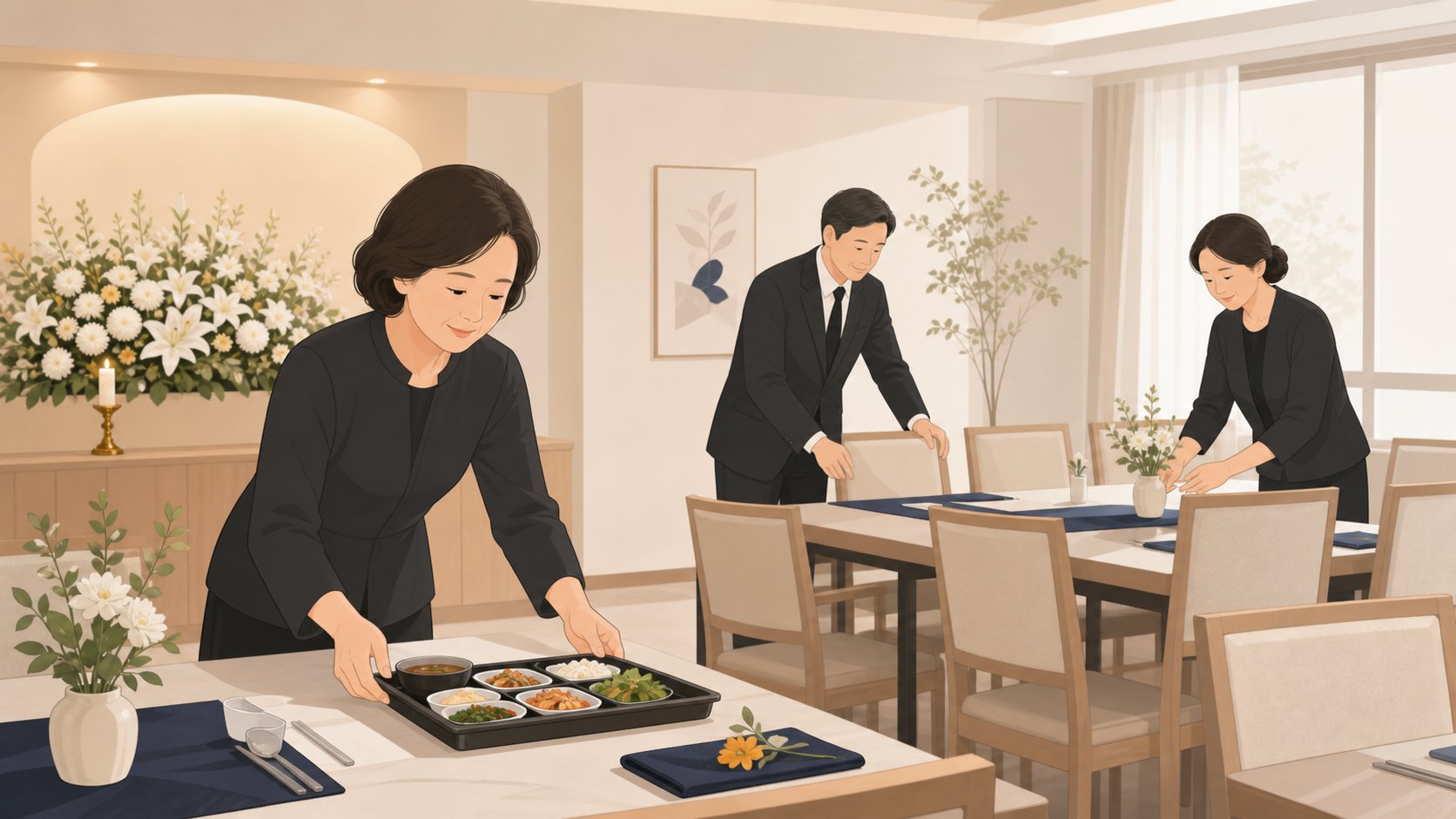 연휴 빈소 접객실에서 가족이 음식과 자리를 차분히 준비하는 모습