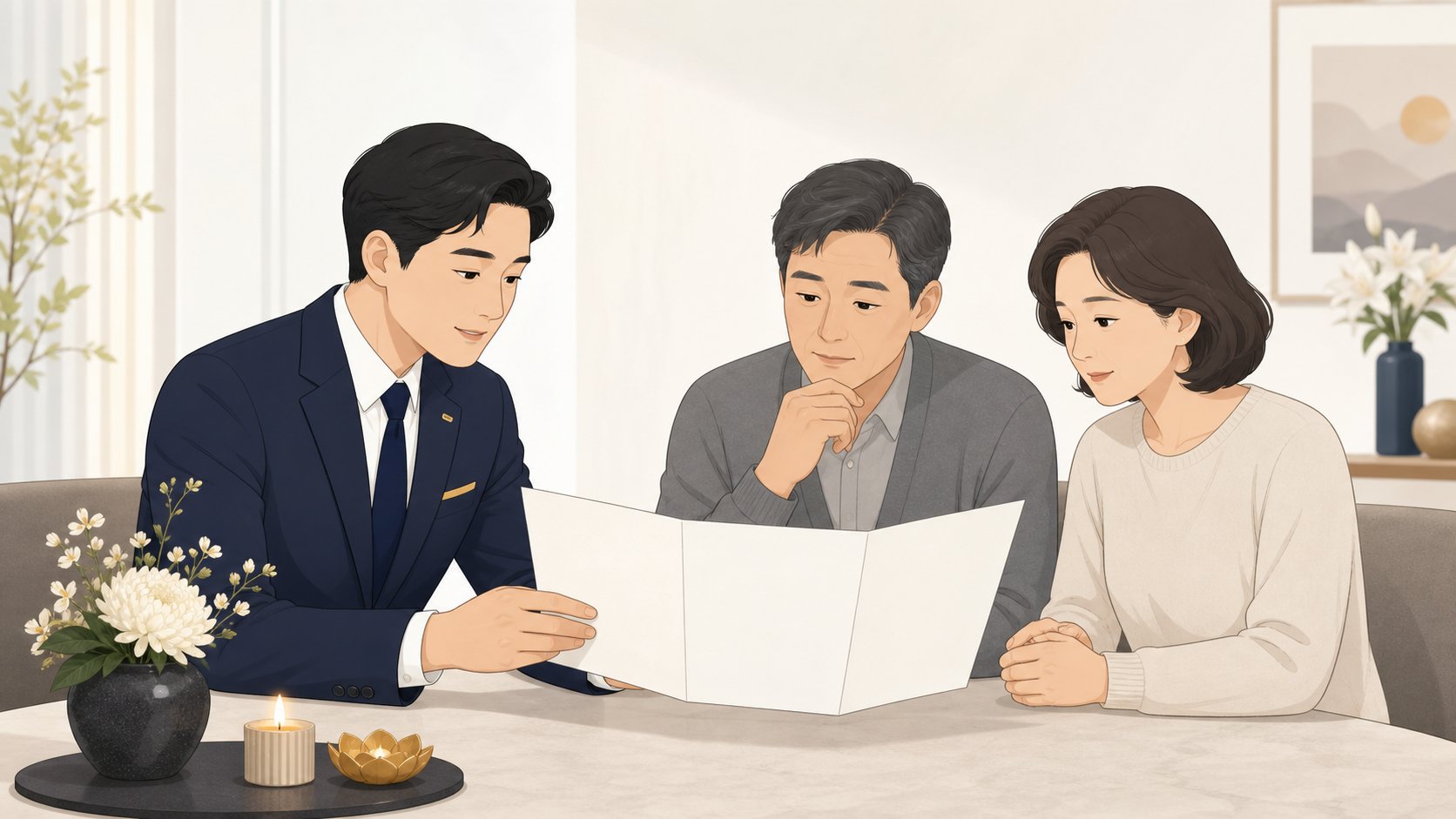 장례지도사와 가족이 3일장 일정표를 보며 발인일을 정리하는 모습