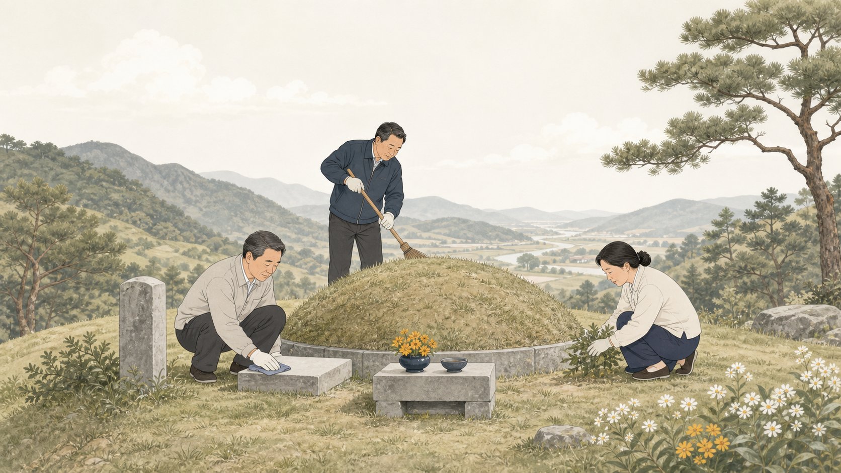 윤달에 가족이 산자락 묘소를 차분히 단장하는 충청도 시골 풍경