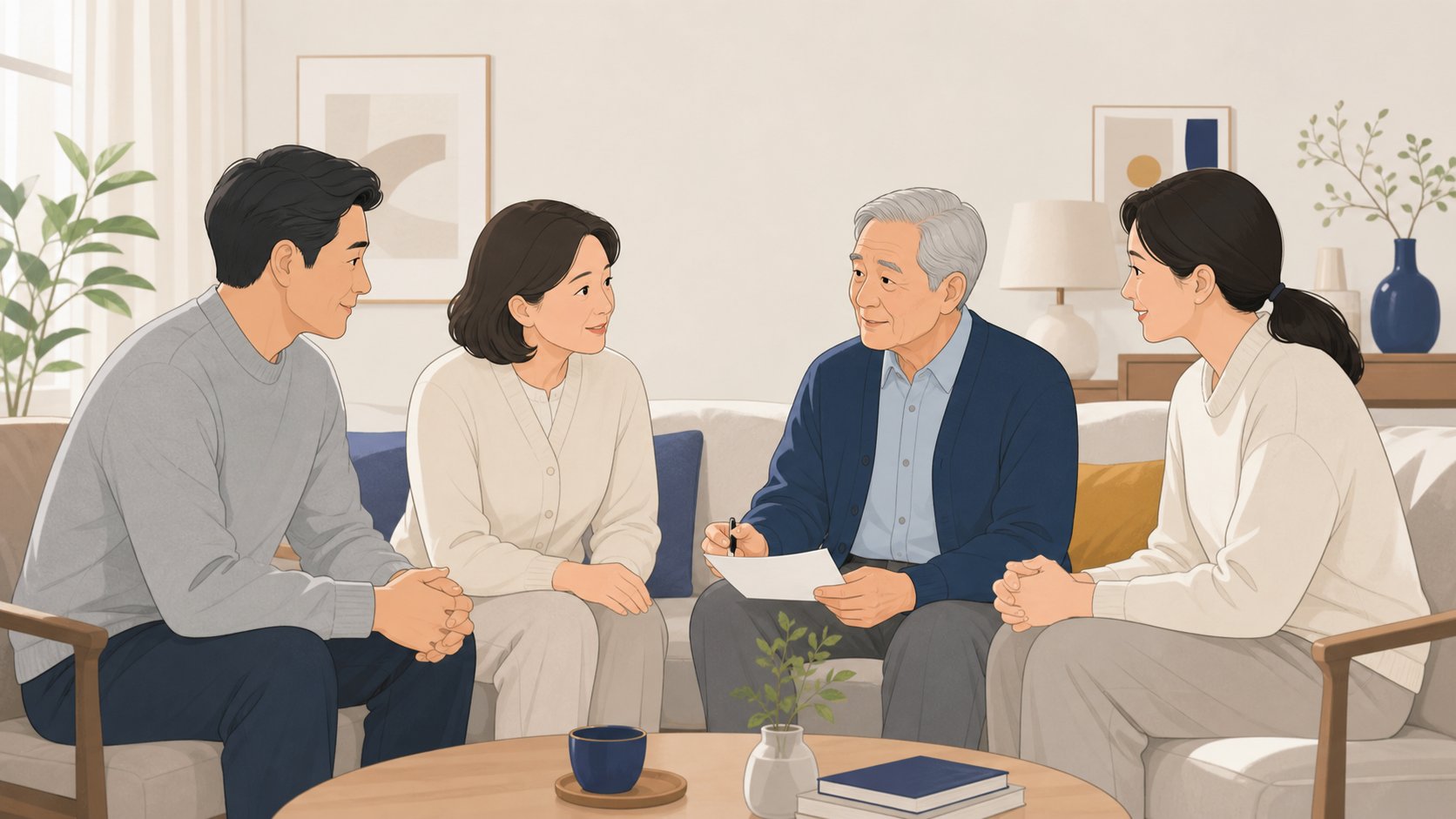 가족이 모여 발인 날짜를 두고 의견을 나누며 합의하는 차분한 장면