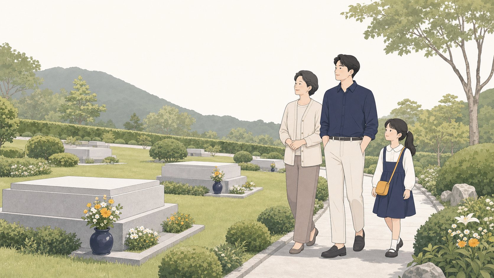야외 봉안묘 구역에서 가족이 잔디 사이 소형 묘를 둘러보는 차분한 장면