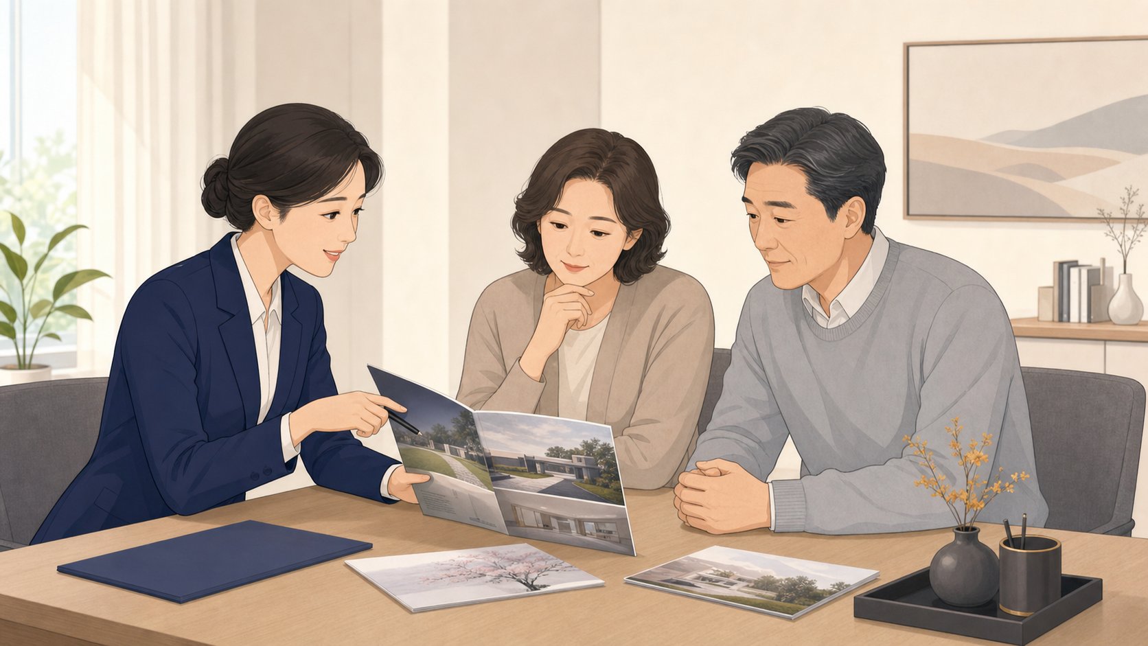 가족이 상담 공간에서 봉안 시설 안내 자료를 보며 선택을 의논하는 모습