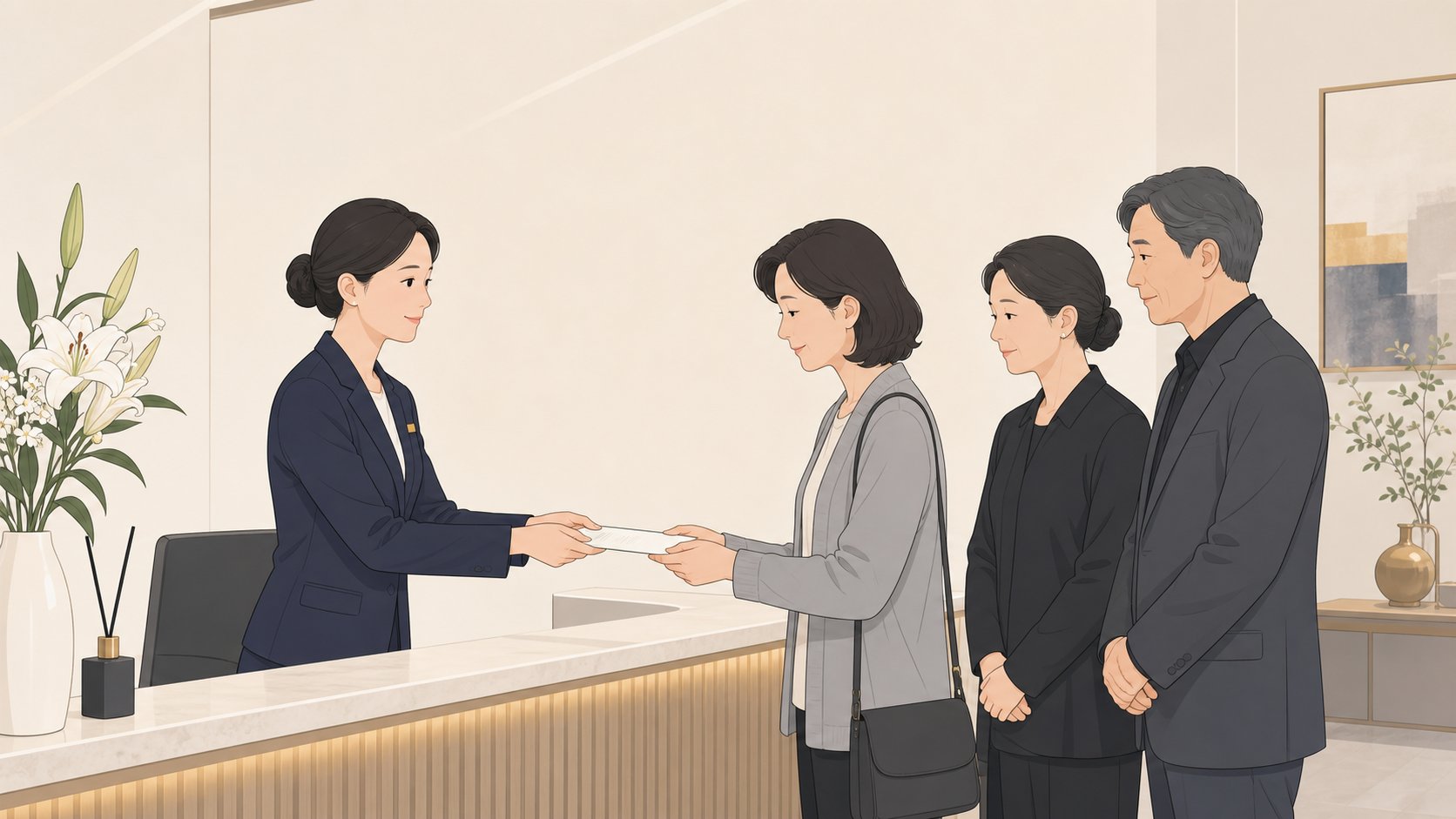 화장장 안내 창구에서 가족이 화장증명서를 발급받는 모습