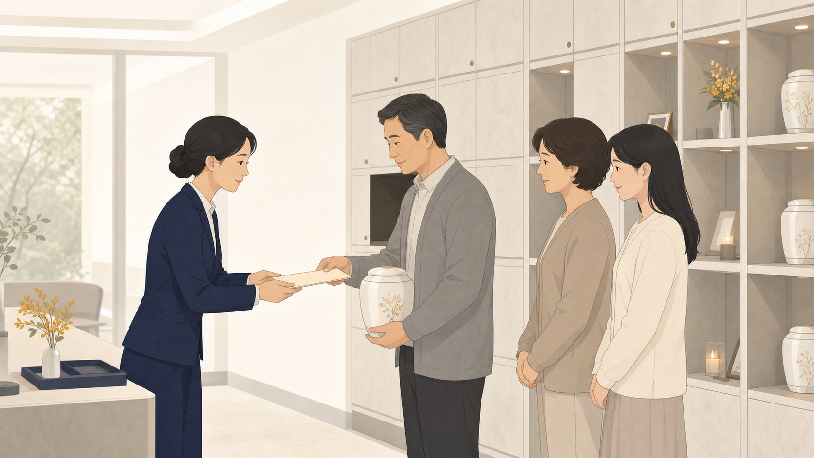 봉안 시설에서 가족이 화장증명서를 제출하고 유골함을 안치하는 차분한 장면