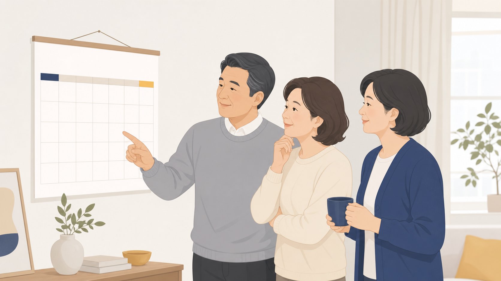 49재의 7일 주기 일정을 가족이 달력으로 확인하는 차분한 모습