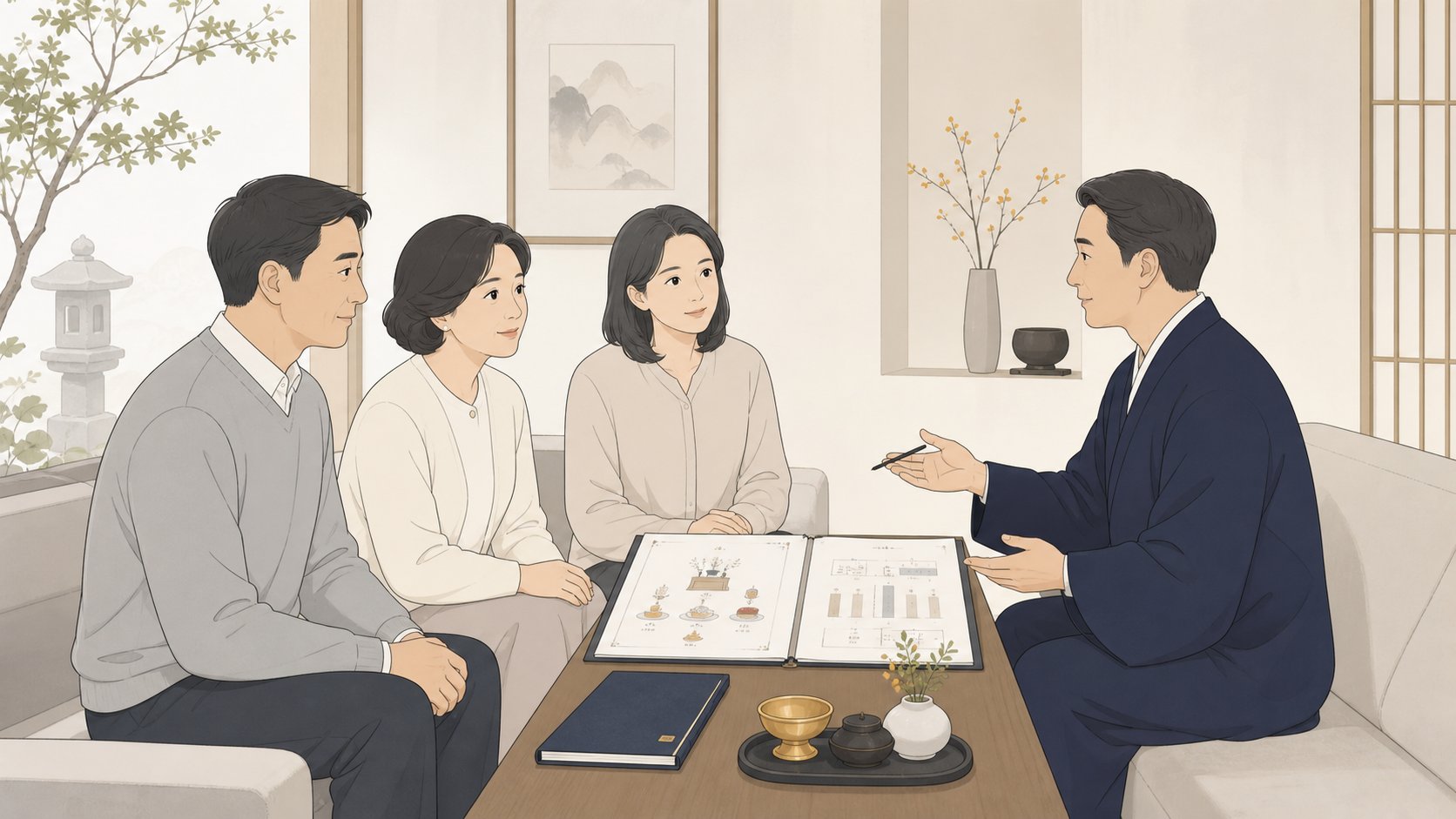 가족이 사찰에서 상담하며 천도재 형식과 비용을 의논하는 차분한 모습
