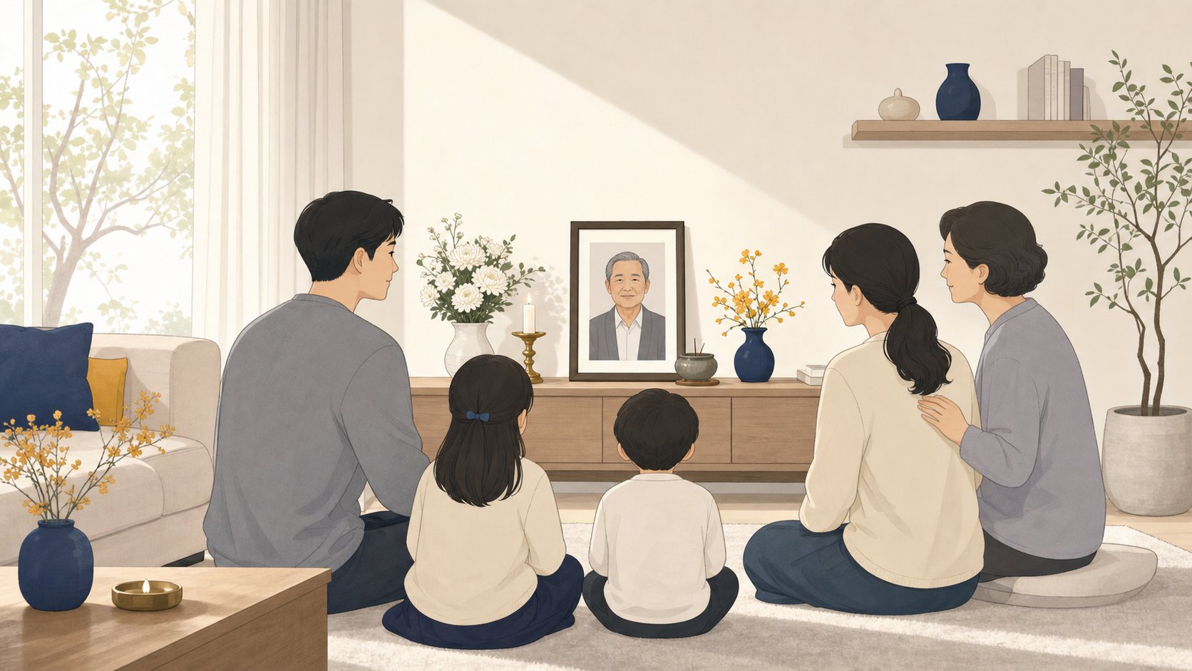 가족이 고인의 사진 앞에서 조용히 마음을 모아 추모하는 장면