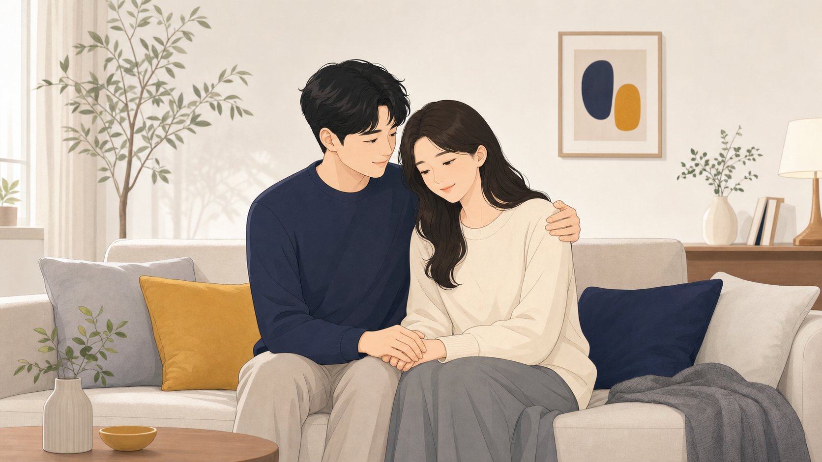 부부가 서로를 다독이며 차분히 함께하는 따뜻한 장면