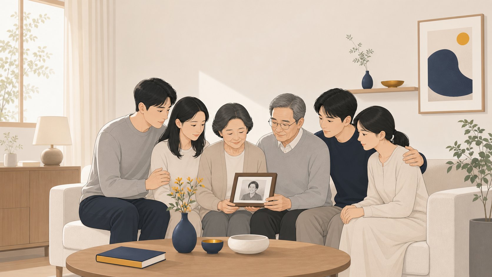 가족이 조용한 공간에서 차분히 추모하며 마음을 모으는 장면