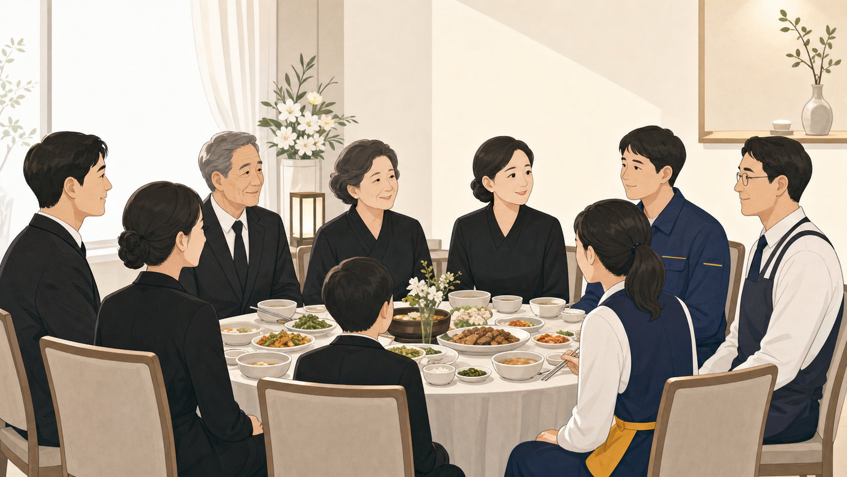 발인 후 식사 접대 자리와 마무리 인사 안내