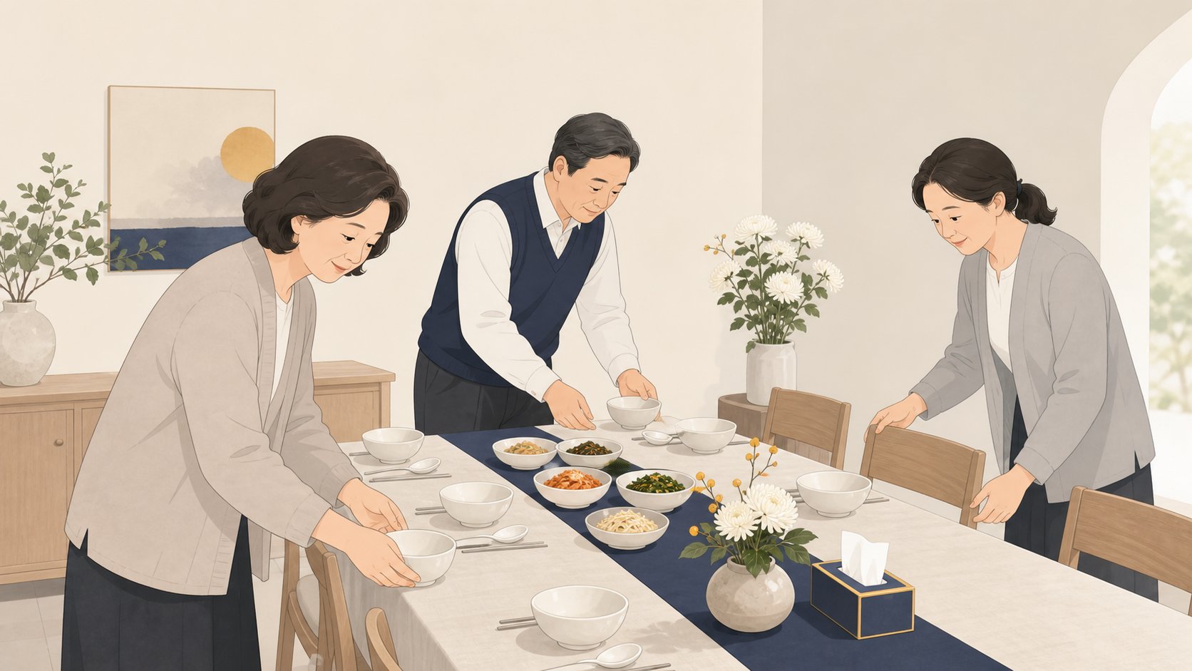 가족이 식사 접대 자리를 미리 준비하며 자리를 정돈하는 모습