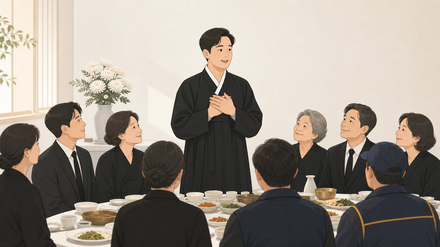 상주가 식사 자리에서 함께한 분들께 짧게 감사 인사를 전하는 모습